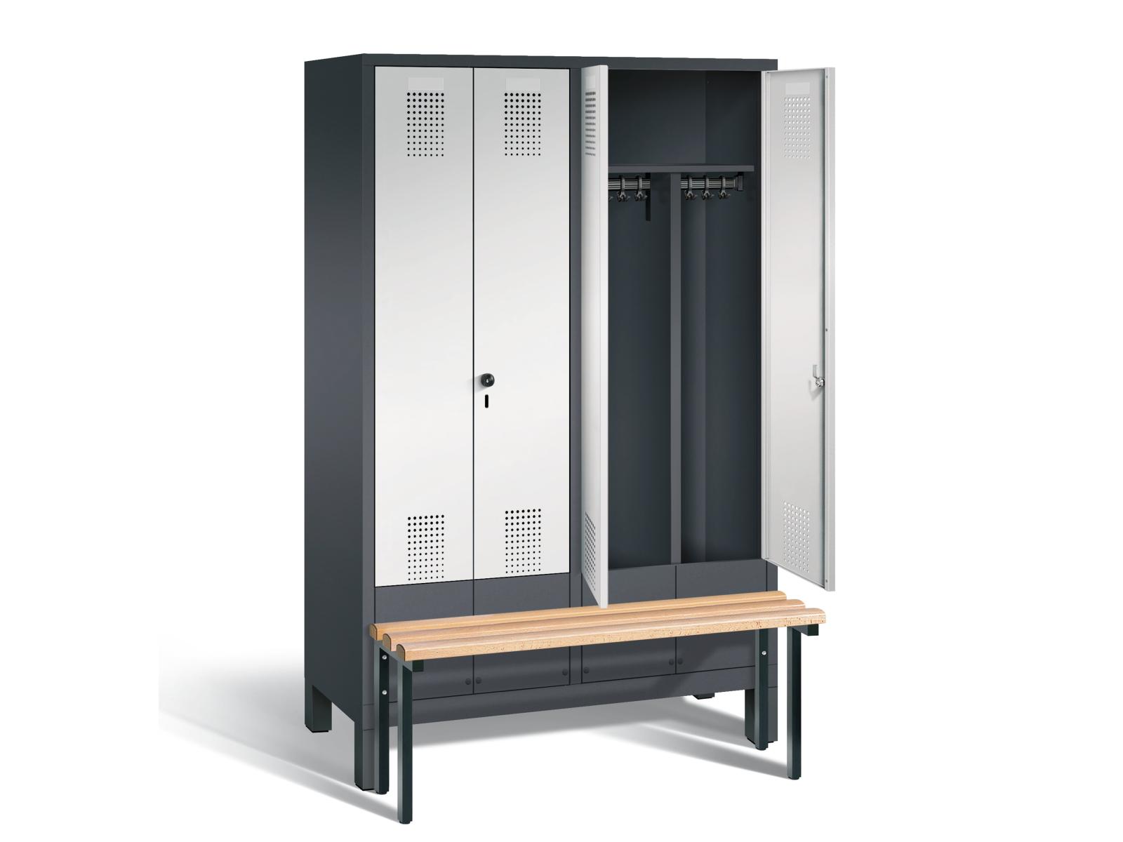 Spind nach Arbeitsstättenrichtlinien S3000 Evolo mit vorgebauter Sitzbank - für 2 Personen 4x300mm Abteilbreite